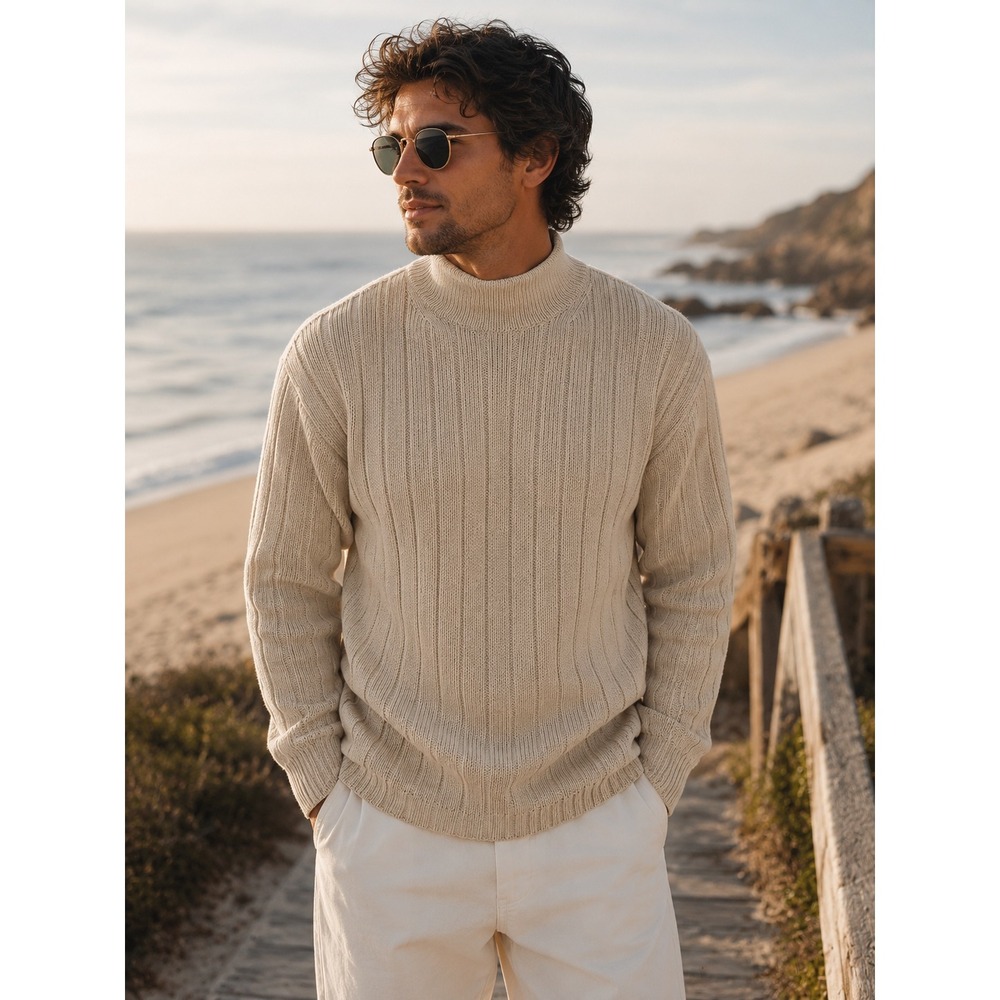 Polo Jeans Co Ralph Lauren Vintage Ribbed Mock Neck Cotton Sweater Cream Mens XL